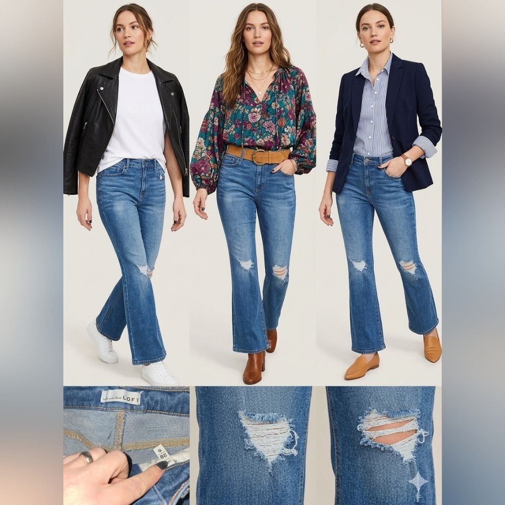 LOFT Mid Blue Distressed Flared Jeans